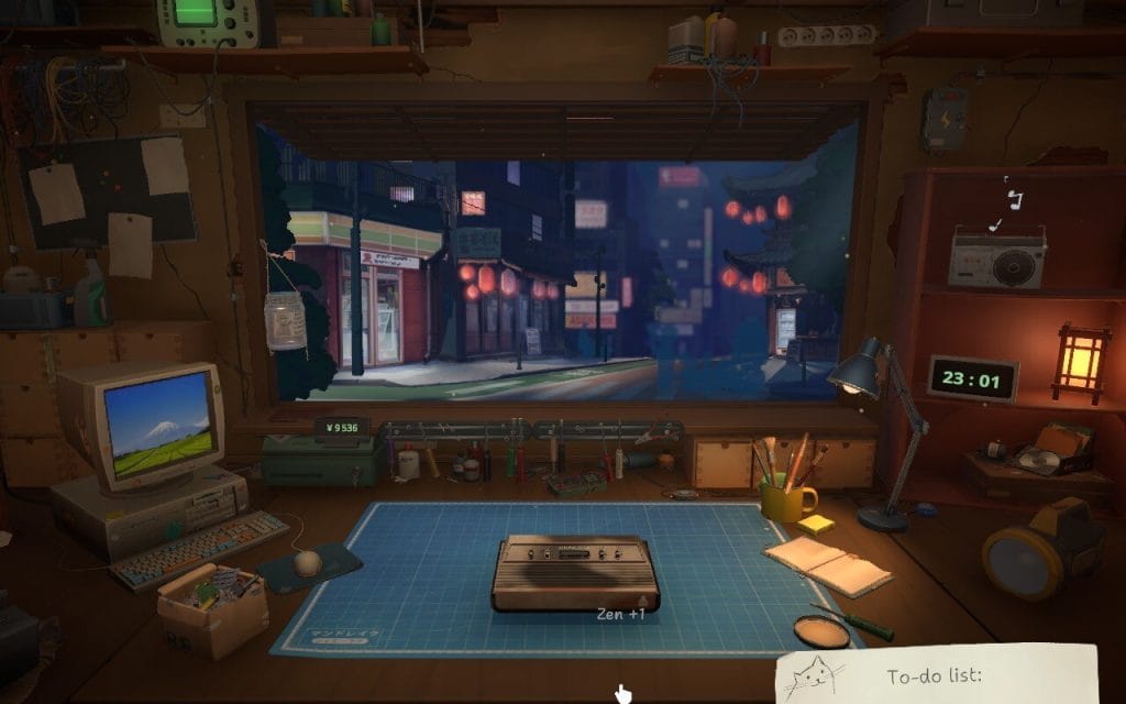 ReStory: Chill Electronic Repairs - screenshot of an Atari in front of the Tokyo nightlife repair shop in the June 2026 Steam Next Fest demo