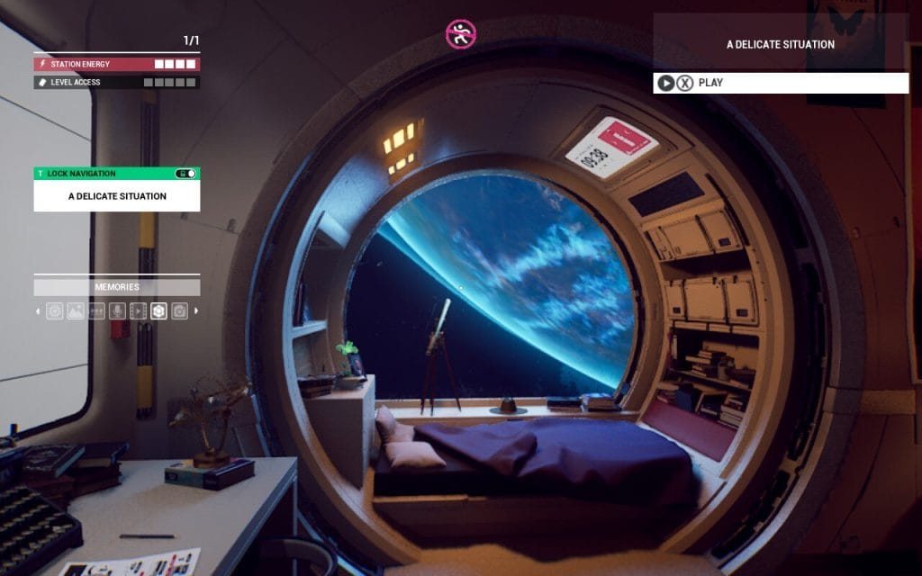 A screenshot of the demo for Rivage showing a spaceship bed and window, developed by Exnilo Studio and published by Raw Fury Games. Played demo during Steam Next Fest.
