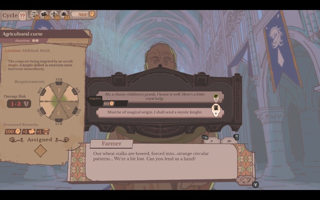 A screenshot from the demo for Sovereign Tower showing a farmer and a choice, developed by WILD WITS GAMES and published by Curve Games. Played demo during Steam Next Fest.
