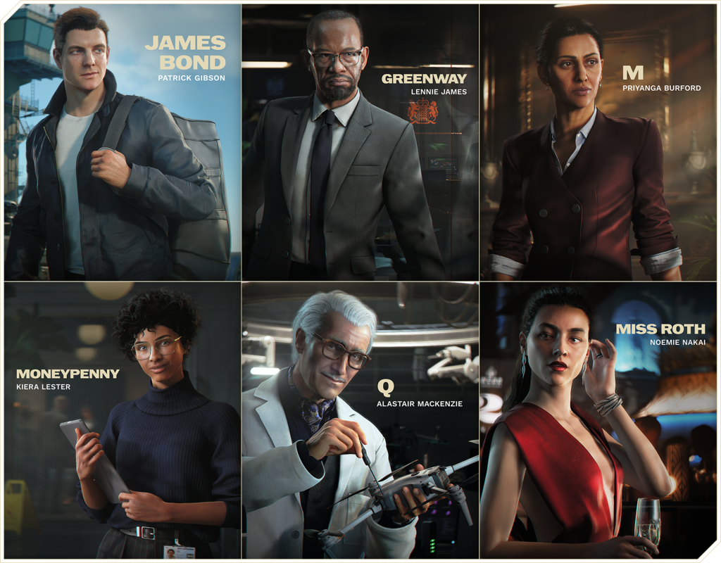 A promotional image for the 2026 James Bond video game by IO Interactive, 007 First Light, showing character portraits for six of the main characters and the actors who did voice/motion capture: James Bond portrayed by Patrick Gibson, Greenway portrayed by Lennie James, M portrayed by Priyanga Burford, Moneypenny portrayed by Kiera Lester, Q portrayed by Alastair Mackenzie, and Miss Roth portrayed by Noemi Nakai. This image is in an article about the character of Moneypenny in James Bond movies and video games.