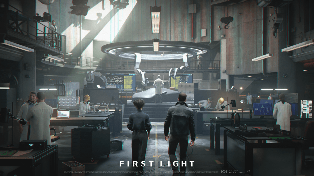 A promotional image from the 2026 James Bond video game by IO Interactive, 007 First Light, showing Moneypenny, a stylish young Black woman, walking side by side with James Bond in Q Lab. This image is in an article about the character of Moneypenny in James Bond movies and video games.