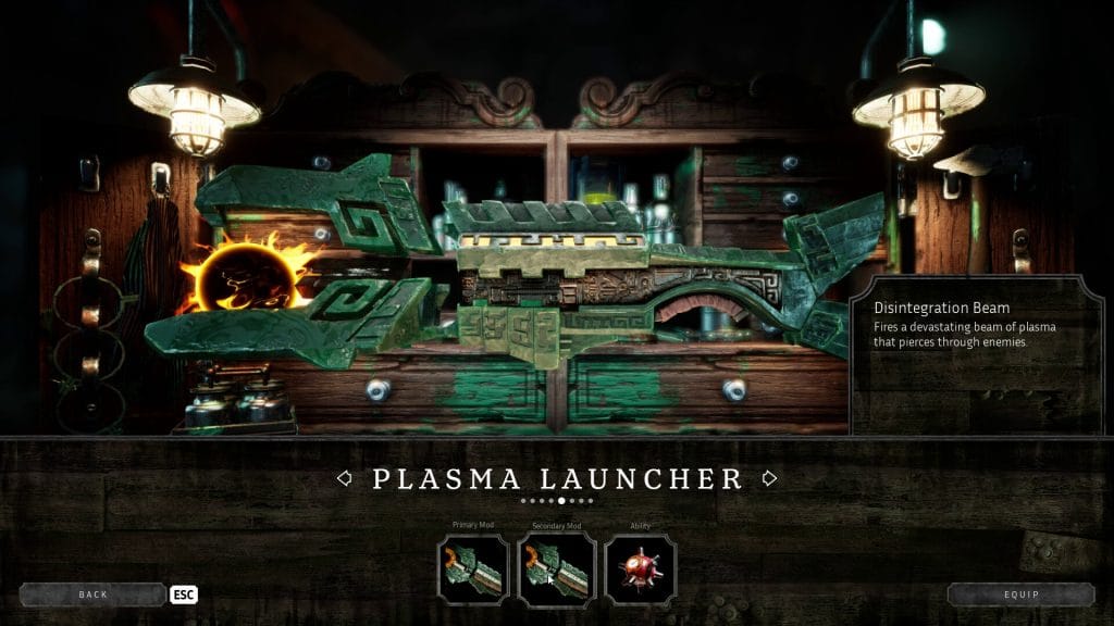 Screenshot from the video game Abyssus where the player is modifying the Plasma Launcher with various mods