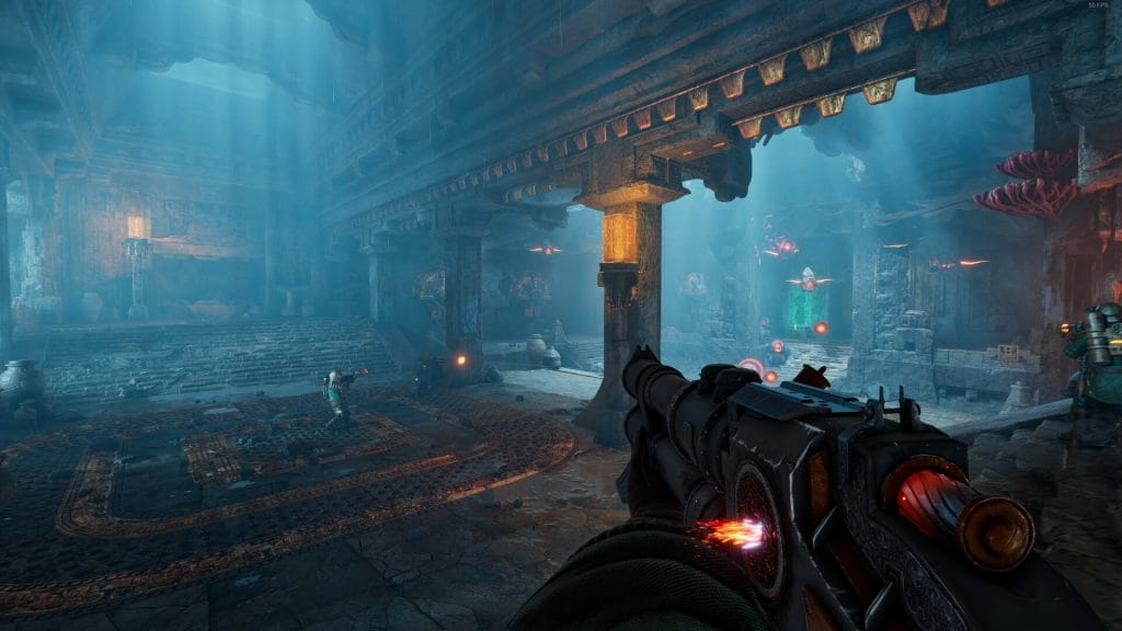 Screenshot from the video game Abyssus where the character stands with a gun, overlooking an aquatic, underwater-inspired backdrop