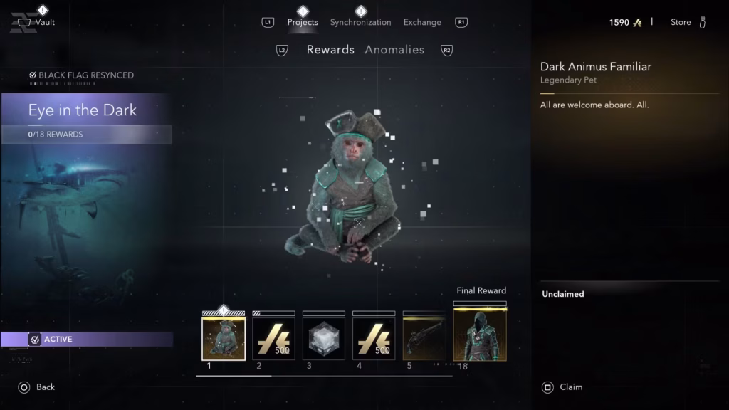 Assassin's Creed Black Flag Resynced - a menu screen of the Animus Hub, listing possible rewards for doing Animus challenges, including a "Dark Animus Familiar" in the form of a monkey wearing a pirate outfit