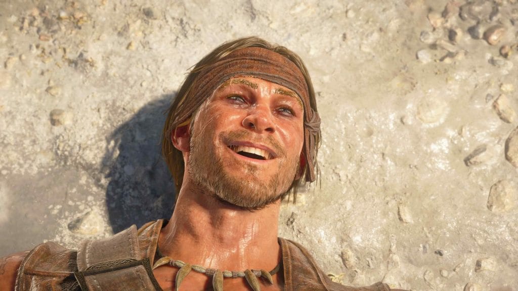 Assassin's Creed Black Flag Resynced - Edward lying on his back on a beach, smiling and laughing because he just survived a shipwreck
