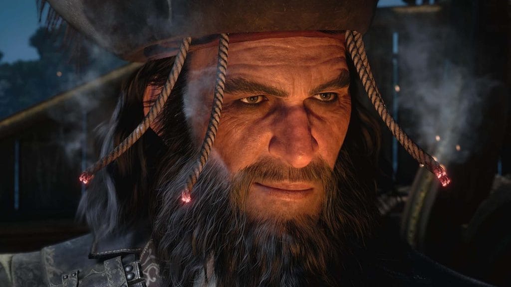 Assassin's Creed Black Flag Resynced - close-up of Edward "Blackbeard" Thatch smirking while lit fuses surround him with smoke