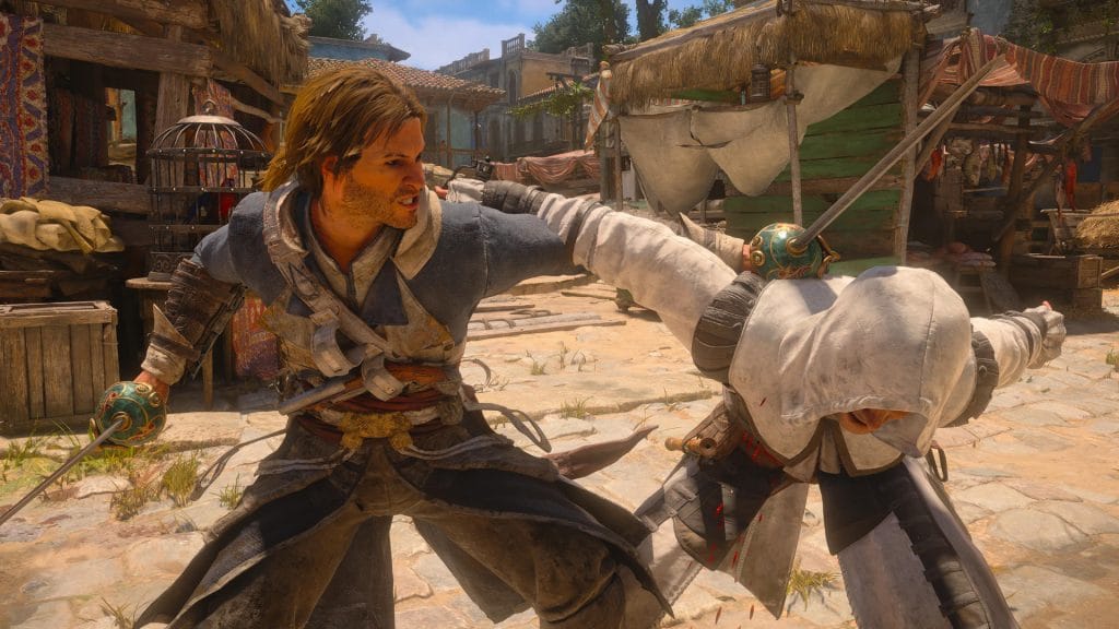 Assassin's Creed Black Flag Resynced - Edward Kenway about to perform a close-quarters combat finishing move on an enemy Assassin wearing a white-hooded cloak