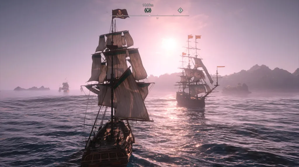 Assassin's Creed Black Flag Resynced - Gameplay of Edward's ship sailing across the Caribbean, with a Spanish naval ship in the distance