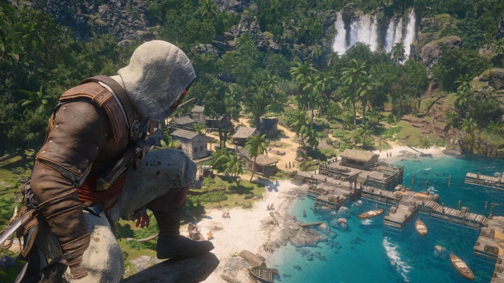 Assassin's Creed Black Flag Resynced - Edward Kenway on a perch gazing out at Great Inagua, looking at the island's dock, houses, beach, trees, and waterfall in the background