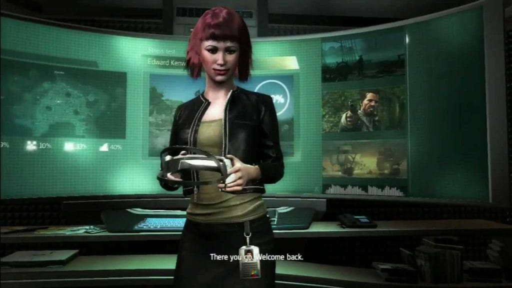 Assassin's Creed IV: Black Flag - first-person present-day gameplay, with a woman with red hair saying "There you go. Welcome back." to the player.