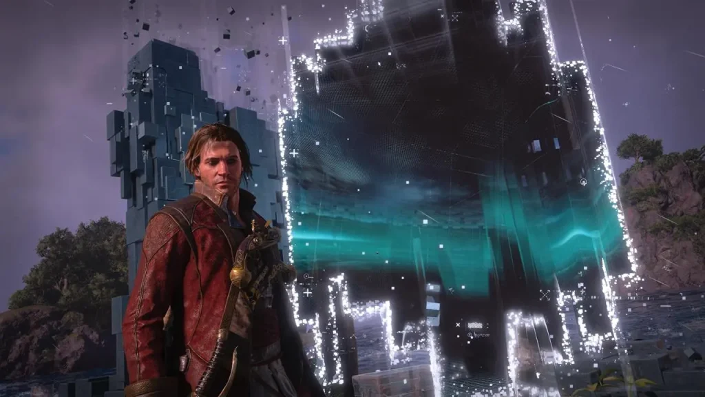 Assassin's Creed Black Flag Resynced - Edward wearing a red jacket standing outside an Animus Rift