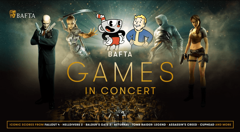BAFTA Games in Concert - official marketing banner showing Hitman, Baldur's Gate 3, Cuphead, Fallout, Assassin's Creed, and Tomb Raider