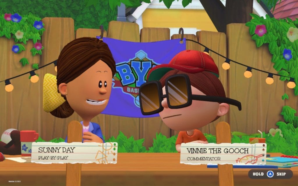 Backyard Baseball 2026 - Review. The color commentators, Sunny Day and Vinnie the Gooch.