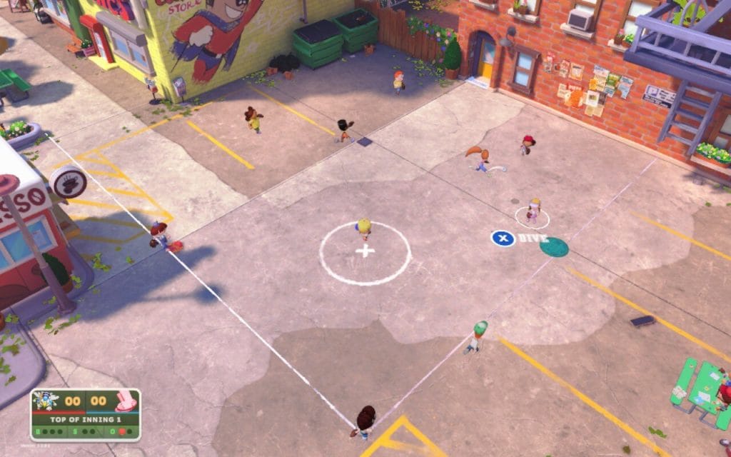 Backyard Baseball 2026 - Review. A screenshot of players fielding in a concrete alley playground.