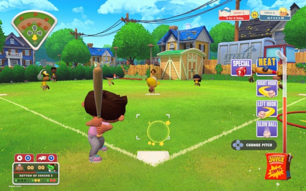 Backyard Baseball 2026 - Review. A player at bat while Pablo gets ready to pitch, showing different kinds of pitches and a juice box for energy.