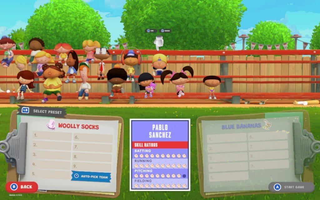 Backyard Baseball 2026 - Review. Selecting Pablo Sanchez during a pick-up game from the bench.