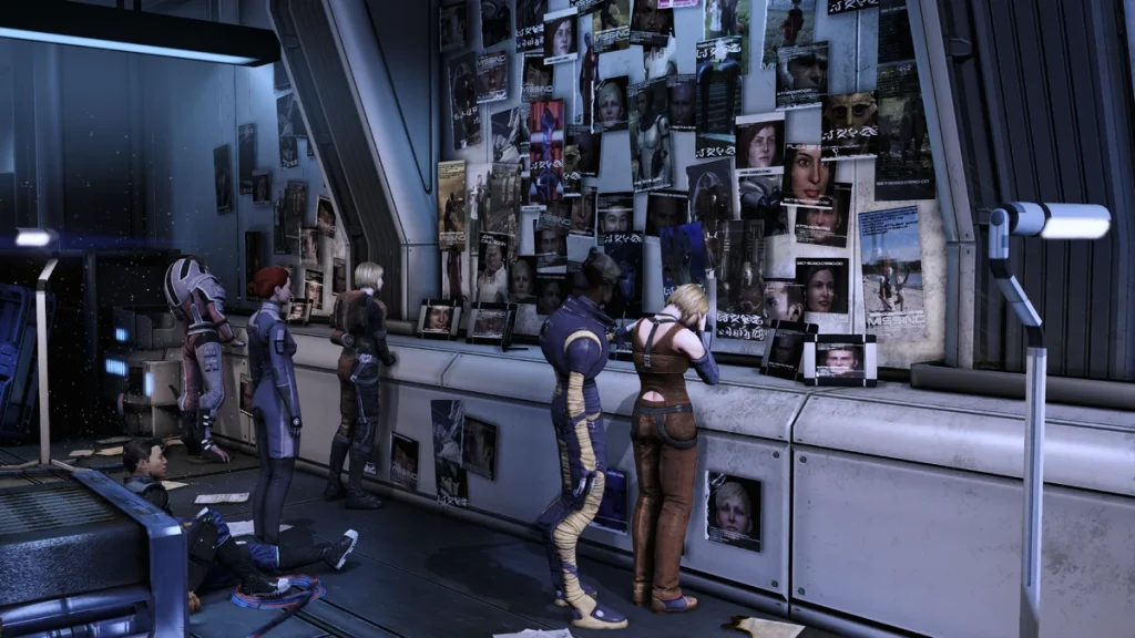 A screenshot of Mass Effect 3 in the docks ward for refugees, showing missing persons posters and crying humans and aliens. This is featured in an op-ed comparing the Citadel and Afterlife as hubs in the original Mass Effect trilogy. 