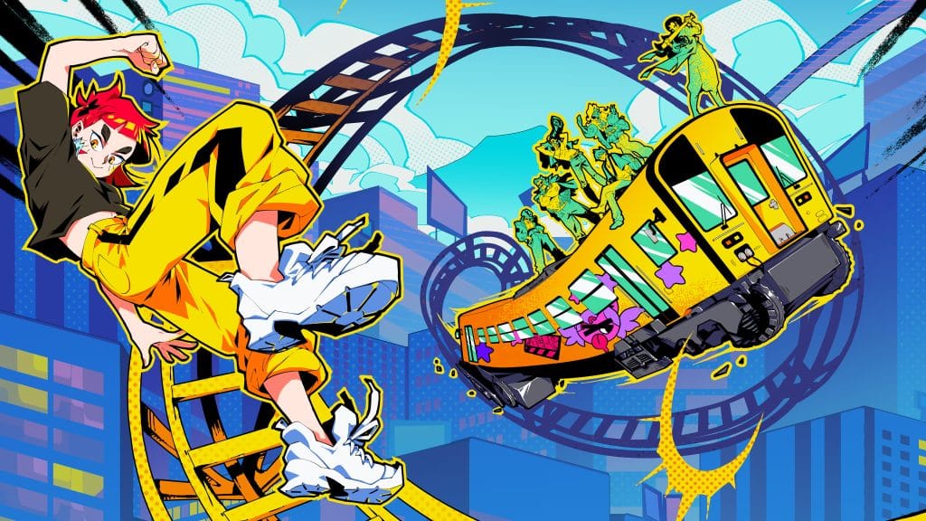 Denshattack! Review - picture of a red-haired protagonist with yellow jeans hovering next to a yellow bus