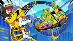 Denshattack! Review - picture of a red-haired protagonist with yellow jeans hovering next to a yellow bus