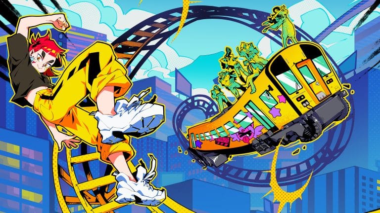 Denshattack! Review - picture of a red-haired protagonist with yellow jeans hovering next to a yellow bus