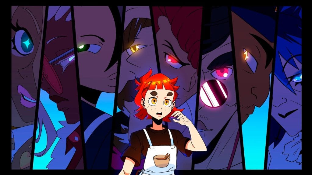 Denshattack! review - anime photo of the protagonist with several evil-looking characters gazing on in the background
