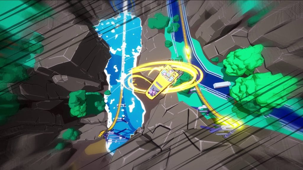 Denshattack! review - photo of a yellow bus doing tricks in midair between two different tracks in the middle of a mountainous forest
