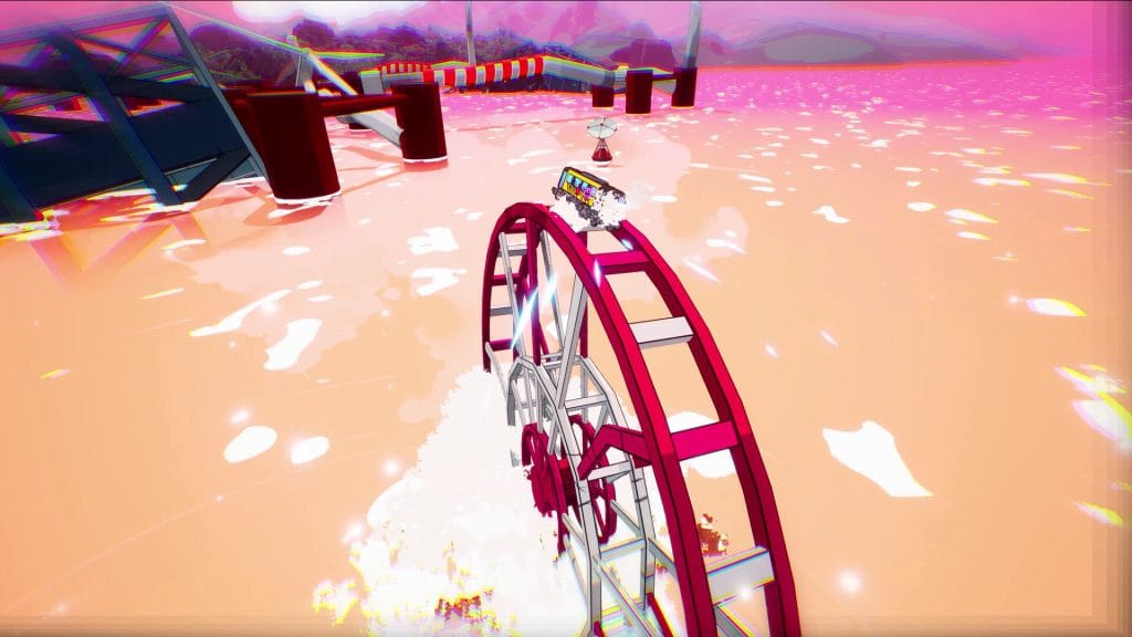 Denshattack! review - photo of a yellow bus grinding atop an errant Ferris wheel in the middle of the ocean