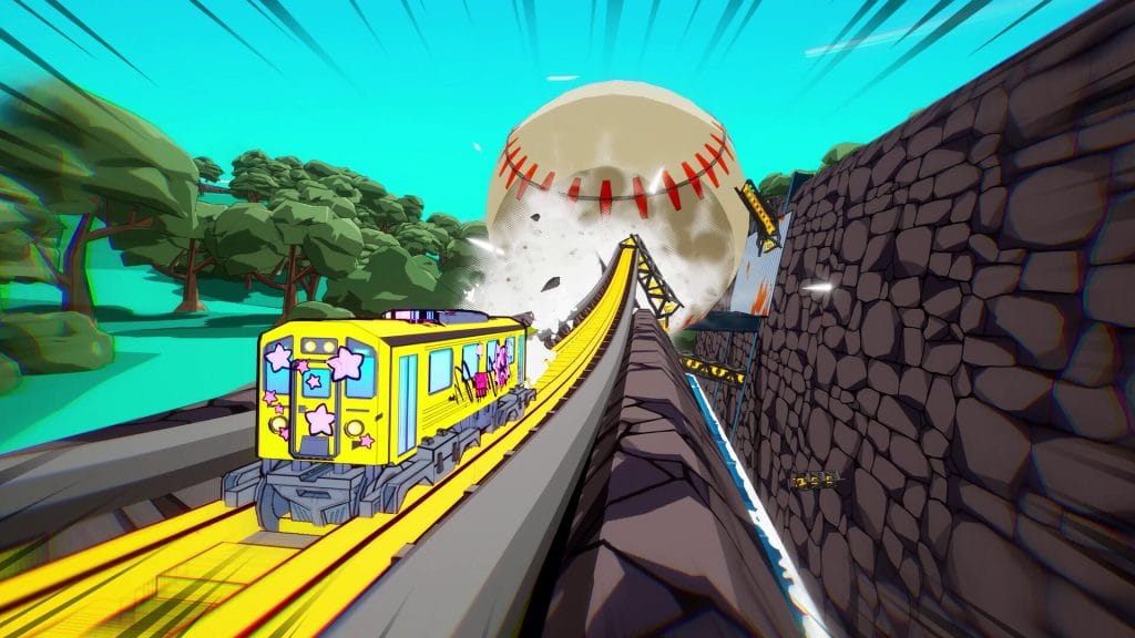 Denshattack! review - photo of a yellow bus driving away from a giant baseball that is destroying the track in the background