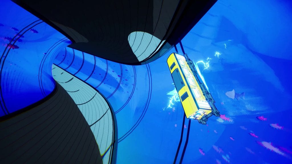 Denshattack! review - photo of a yellow bus grinding on a blue, halfpipe-esque wall