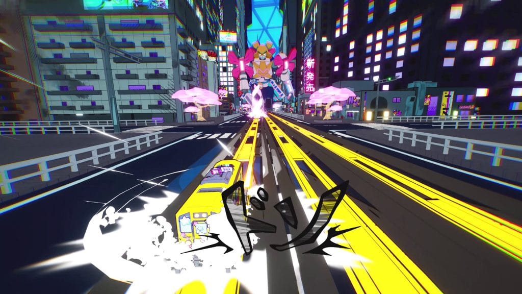 Denshattack! review - photo of a yellow bus driving in the middle of a crowded city with a pink-and-orange mecha approaching it