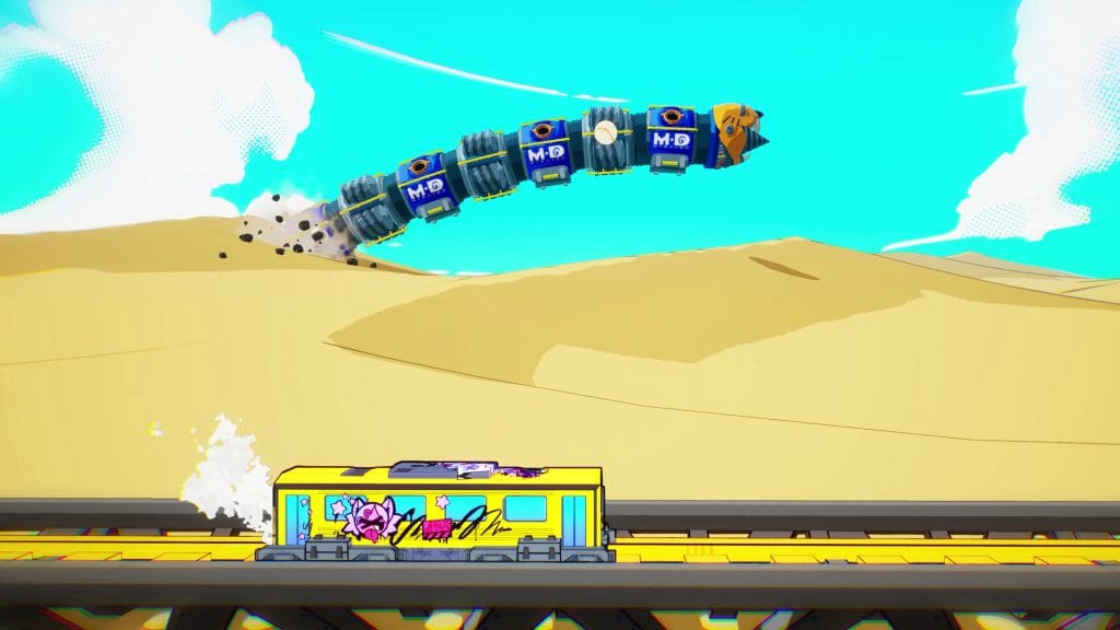 Denshattack! review - photo of a side-scrolling sequence where a yellow bus grinds on a rail in the foreground while a mechanical sandworm lunges into the air in the background