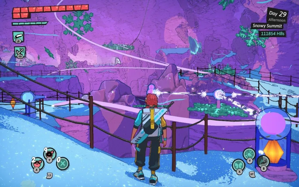 Dungeons of Hinterburg - a screenshot of the main character, a red-haired young woman named Luisa, looking at a laser and snowboarding puzzle in the Snowy Summit level. Featured in a video game op-ed about admiring dungeon and level design in Dungeons of Hinterburg.