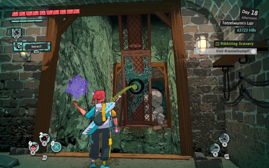 Dungeons of Hinterburg - a screenshot of the main character, a red-haired young woman named Luisa, aiming a magical glob power in Tatzelwurm's Lair dungeon at a target. Featured in a video game op-ed about admiring dungeon and level design in Dungeons of Hinterburg.