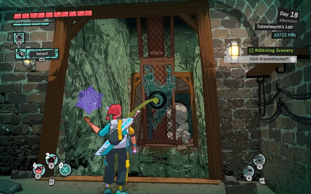 Dungeons of Hinterburg - a screenshot of the main character, a red-haired young woman named Luisa, aiming a magical glob power in Tatzelwurm's Lair dungeon at a target. Featured in a video game op-ed about admiring dungeon and level design in Dungeons of Hinterburg.