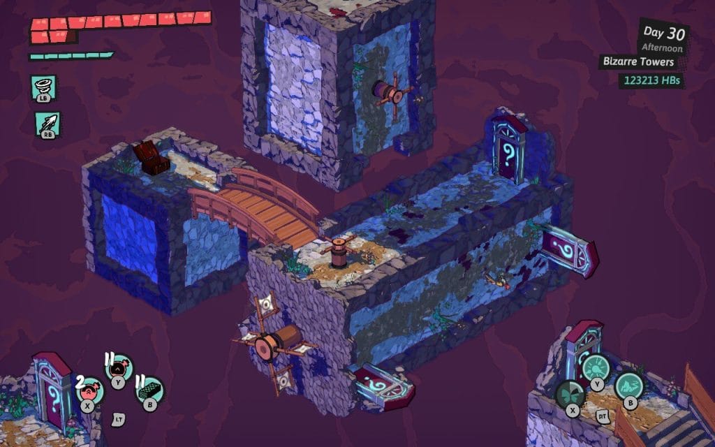 Dungeons of Hinterburg - a screenshot of the main character, a red-haired young woman named Luisa, walking on planet turned sideways in the level called Bizarre Towers. Featured in a video game op-ed about admiring dungeon and level design in Dungeons of Hinterburg.