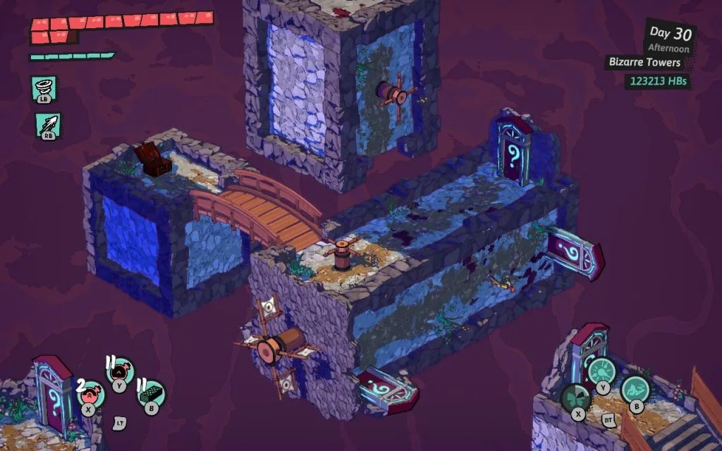 Dungeons of Hinterburg - a screenshot of the main character, a red-haired young woman named Luisa, walking on planet turned sideways in the level called Bizarre Towers. Featured in a video game op-ed about admiring dungeon and level design in Dungeons of Hinterburg.
