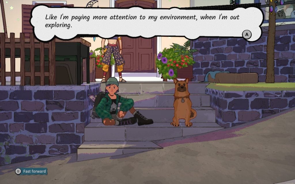 Dungeons of Hinterburg - a screenshot of the main character, a red-haired young woman named Luisa, talking to the dog in town, thinking, "Like I'm paying more attention to my environment, when I'm out exploring." Featured in a video game op-ed about admiring dungeon and level design in Dungeons of Hinterburg.