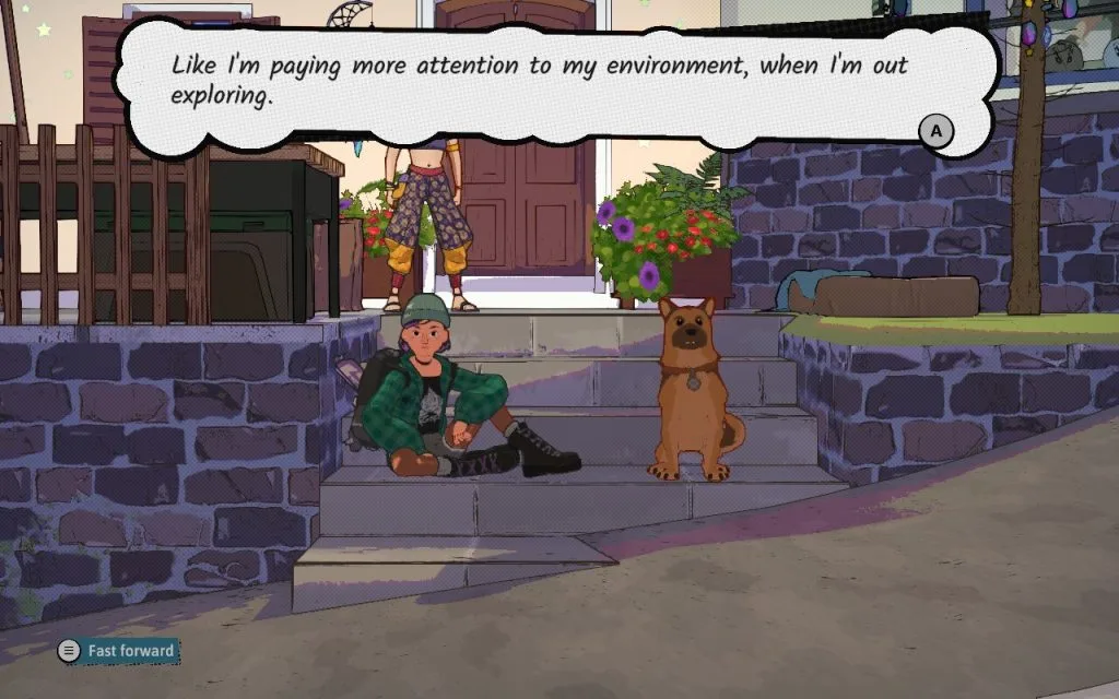 Dungeons of Hinterburg - a screenshot of the main character, a red-haired young woman named Luisa, talking to the dog in town, thinking, "Like I'm paying more attention to my environment, when I'm out exploring." Featured in a video game op-ed about admiring dungeon and level design in Dungeons of Hinterburg.
