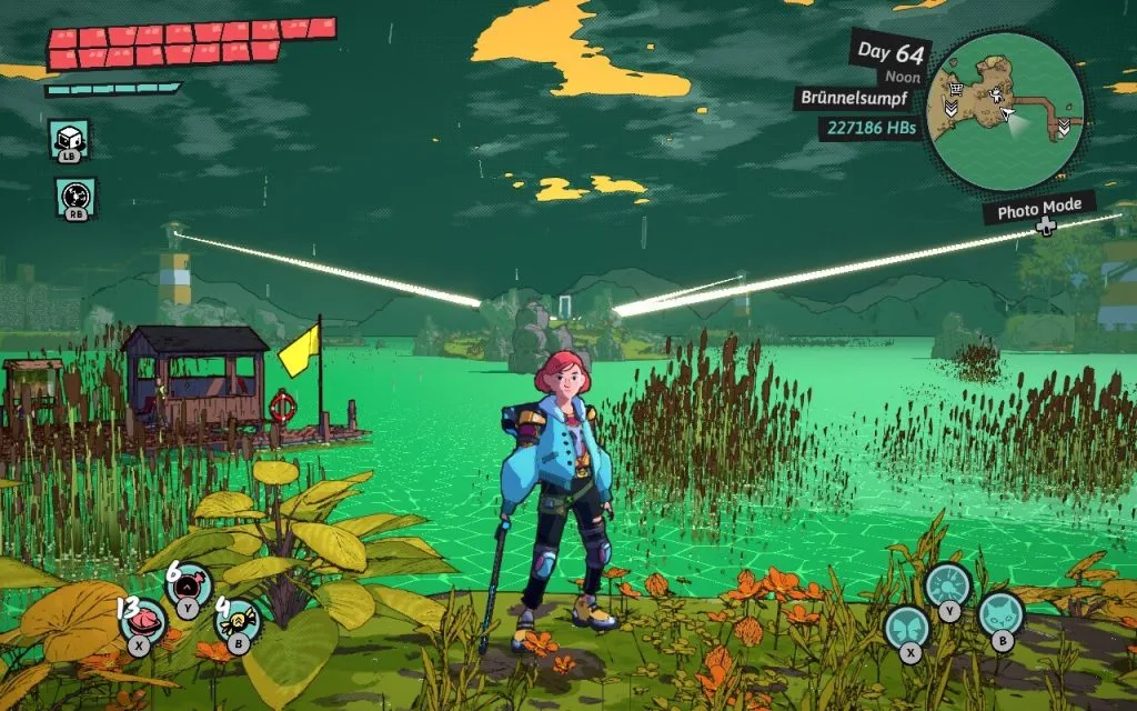 Dungeons of Hinterburg - a screenshot of the main character, a red-haired young woman named Luisa, standing in the swamp land Brunnelsumpf with her sword drawn. Featured in a video game op-ed about admiring dungeon and level design in Dungeons of Hinterburg.