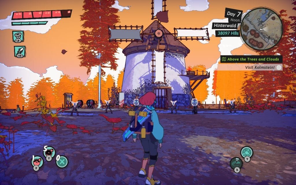 Dungeons of Hinterburg - a screenshot of the main character, a red-haired young woman named Luisa, standing in front of a bunch of monsters near a windmill in a wooded forest. Featured in a video game op-ed about admiring dungeon and level design in Dungeons of Hinterburg.