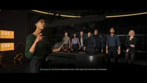 A screenshot from 007 First Light (2026, IO Interactive) showing Moneypenny briefing the 00 recruits in a modern tech office. This image is featured in a piece analyzing the role of Moneypenny in James Bond films, books,and video games.