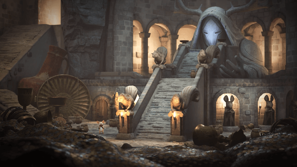 Moss: The Forgotten Relic - a press kit screenshot featured in a review. The screenshot shows Quill, a mouse, standing in a dungeon with many old statues.