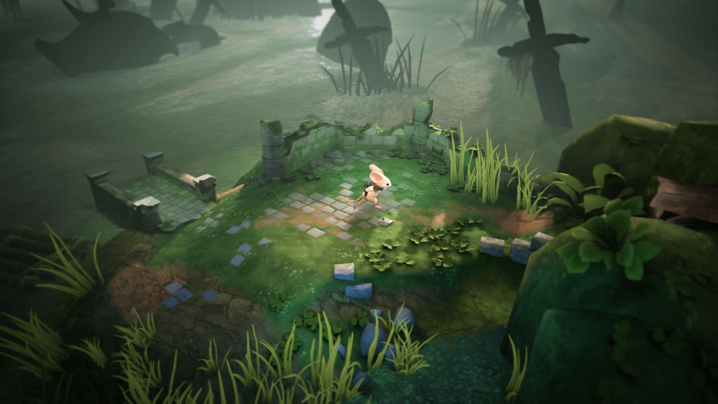Moss: The Forgotten Relic - a press kit screenshot featured in a review. The screenshot shows Quill, a mouse, running through a mossy forest lake.