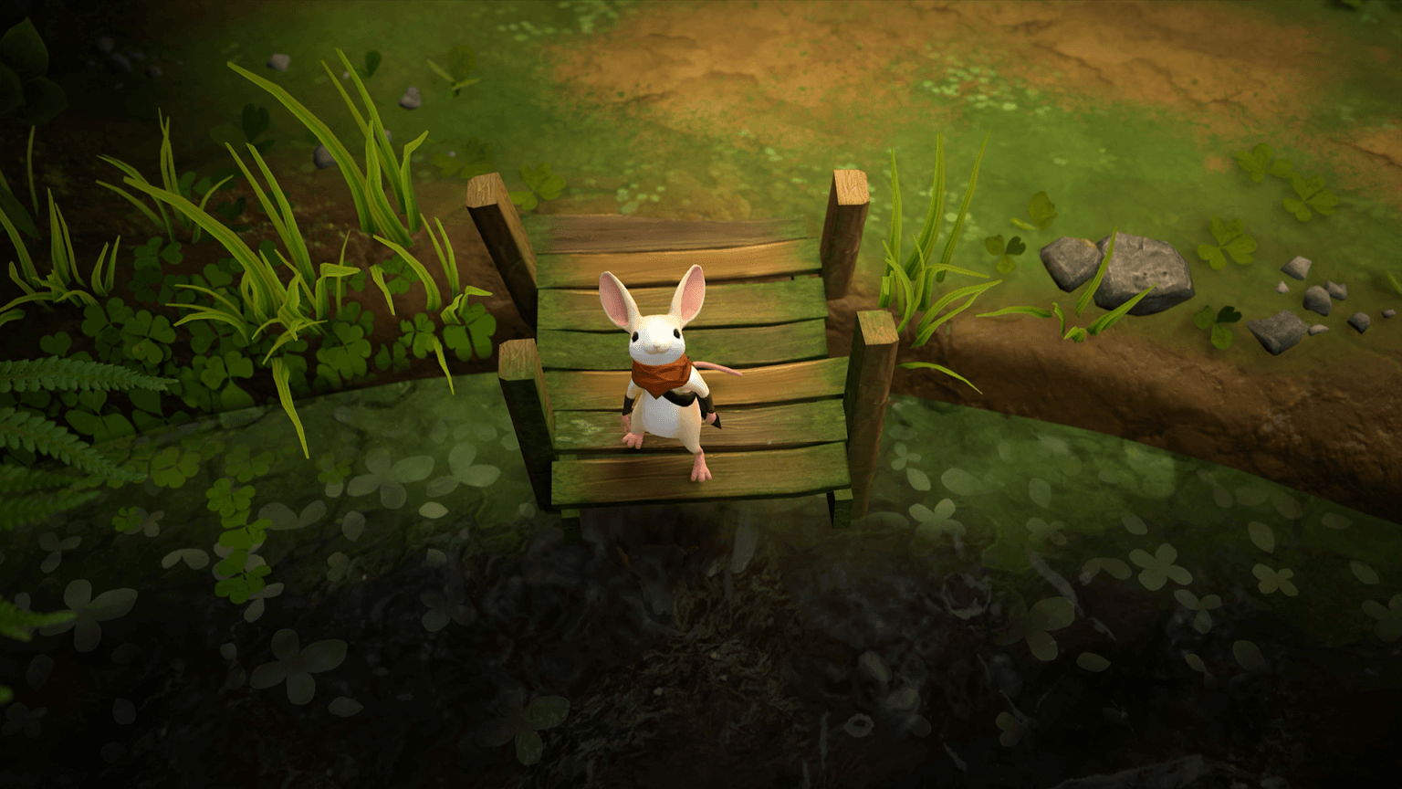 Moss: The Forgotten Relic Review – Little Mouse, Big Puzzles Moss: The Forgotten Relic - a press kit screenshot featured in a review. The screenshot shows Quill, a mouse, on a dock looking up at the player.