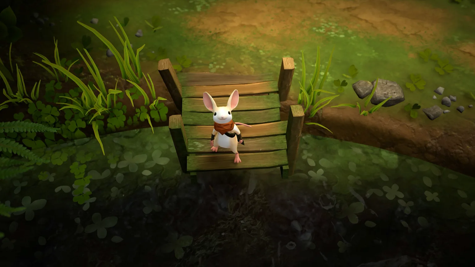 Quill berdiri di atas buku raksasa dalam suasana hutan di Moss The Forgotten Relic