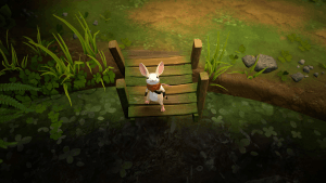 Moss: The Forgotten Relic - a press kit screenshot featured in a review. The screenshot shows Quill, a mouse, on a dock looking up at the player.