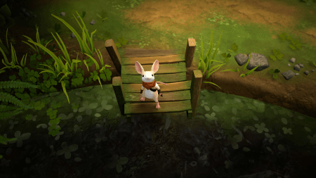 Moss: The Forgotten Relic - a press kit screenshot featured in a review. The screenshot shows Quill, a mouse, on a dock looking up at the player.
