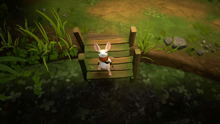 Moss: The Forgotten Relic - a press kit screenshot featured in a review. The screenshot shows Quill, a mouse, on a dock looking up at the player.