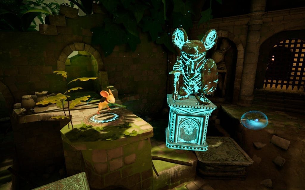 Moss: The Forgotten Relic - a screenshot for a review showing Quill, a mouse, standing on a plinth while a magical blue light highlights another statue.