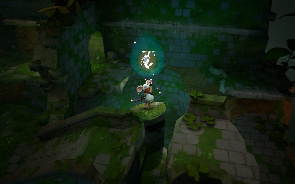 Moss: The Forgotten Relic - a screenshot for a review showing Quill, a mouse, getting a collectible and holding her hand to the sky.